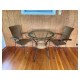 Three-Piece Bistro Set with Glass Top Table and Two Wicker Chairs