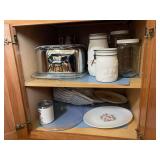 Assorted Kitchenware Collection Including Canisters, Platters, and Bread Keeper