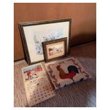 Collection of Framed Art, 1965 Advertising Calendar, and 1972 Fabric Calendar