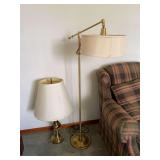 Set of Two Brass Lamps Including Adjustable Floor Lamp and Table Lamp