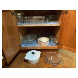 Assorted Kitchenware Collection Including Fire-King Glassware, Enamelware Bowls, and Mason Jars
