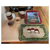 Assorted Kitchenware Collection Including Coca-Cola Tray, Hall Bowls, and Stoneware