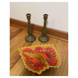 Pair of Brass Candlesticks and Lane & Co. Ceramic Leaf Dish