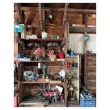 Assorted Workshop Shelving Unit with Hardware and Automotive Supplies