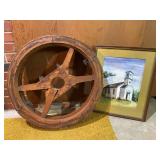 Wooden Pulley Wheel and Framed Watercolor Painting of Locust Grove Church