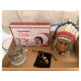 Assorted Collectibles Lot: Hanker Chiefs Box, Indian Motorcycle Glass Mug, and Acme Thunderer Whistle