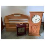 Assorted Home Decor Lot Including Two Quartz Clocks and Wooden Magazine Rack