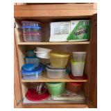 Assorted Plastic Food Storage Containers and Paper Napkins