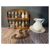 Kitchen Assortment Including Spice Rack, Ceramic Pitcher, and Brass Letter S