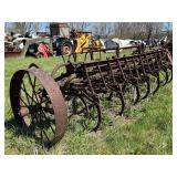 Horse Drawn 13 Shank Spring Tooth Harrow Cultivator 9’4” Working Width Steel Wheels.
