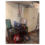 Assorted Household and Garage Tools, Equipment, and Storage Cabinet Lot