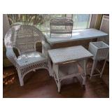 White Wicker Furniture Set Including Chair, Side Table, Plant Stand, and Magazine Rack