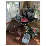 Collection of Assorted Home Decor, Planters, Furniture, and Display Case