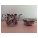 Transferware Creamer and Tea Cup Set with Architectural Motif