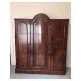 Three-Door Burl Wood Wardrobe with Internal Drawers and Shelving
