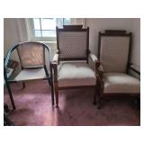 Set of Two Upholstered Wooden Armchairs and One Metal Frame Chair