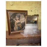 Framed Portrait Print of Eighteenth Century Noblewoman and Gilt Framed Wall Mirror
