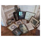 Collection of Assorted Framed Art Prints, Embroidered Textiles, and Decorative Mirrors