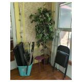 Assorted Household Items Including Folding Stool, Storage Bin, and Artificial Plant