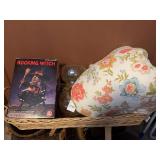Lot of Rocking Witch Halloween Decoration Boxed, Glass Lamp Shades, and Floral Fabric Quilt