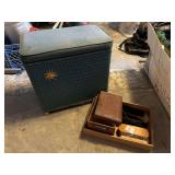 Turquoise Woven Hamper with Starburst Accent and Wooden Shoe Shine Box with Brushes