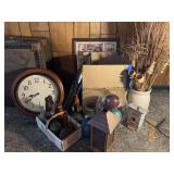 Assorted Home Decor Lot Featuring Glassware Bottles Lantern and Floral Arrangements