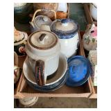 Assorted Kitchenware Lot Including Pyrex Flameware, Stoneware Teapots, and Blue and White Pottery