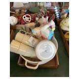 Kitchenware Lot with Ceramic Clown Teapot, Presto Salad Shooter, Colander, and Cups