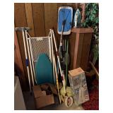 Assorted Cleaning Supplies Lot Including Iron, Ironing Board, Mops, and Shop-Vac Attachment