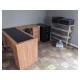 Office Furniture and Electronics Lot Including L-Shaped Desk, HON File Cabinet, and Printers