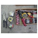Mixed Hand Tools Lot Including Ridgid Pipe Wrench, Stanley Tape Measures, and Rivet Tools