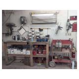 Automotive Body Shop Workstation Setup with Cart, Sandpaper Racks, and Supplies