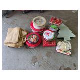 Assorted Holiday Cookie Tins and Burlap Fabric Lot