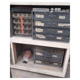 Assorted Automotive Hardware and Fasteners in Metal and Plastic Multi-Drawer Storage Cabinets