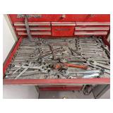 Assorted Tool Box Drawer Containing Professional Grade Combination, Ratcheting, and Open-End Wrenches from Major Brands Including Snap-on, Mac, Matco, and Craftsman