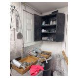 Large Assortment of Automotive Paint Guns and Spray Equipment with Storage Cabinet