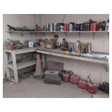 Assorted Automotive Shop Supplies, Chemicals, Tools, and Workbenches