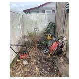 Assorted Yard Lot Including Lawn Mowers, Vehicle Parts, and Miscellaneous Supplies