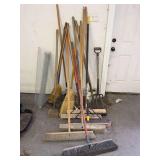 Assorted Long-Handled Tools, Brooms, and Rakes Lot