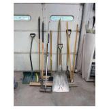 Assorted Long-Handled Yard Tools, Shovels, Rakes, and Brooms