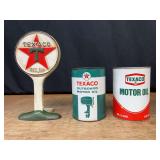 (3) Texaco Oil Cans + Sign