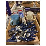 Mixed Lot of Pepsi-Cola 75th Anniversary Cans, Collectible Mugs, and Polka Dot Flatware