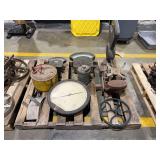 Industrial and Scientific Equipment Assortment Including Weston Ammeters, Heise Pressure Gauge, Pennsylvania Scale Co. Scale, Fuel Cans, and Cast Iron Hardware