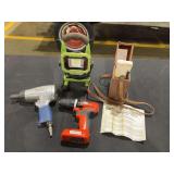 Assorted Tools and Equipment Lot Including Black and Decker Drill, PowerSmith Work Light, Excell Air Impact Wrench, and MSA Carbon Monoxide Detector