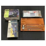 Assorted Tools Lot: Starrett Precision Measuring Tool Set, Thorsen 36-Piece Socket Set, Workzone Table Vise, and PowRyte 12V Inflator