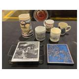Miller High Life Beer Stein and Assorted Steamboats and Train Ceramic Mugs and Trivets