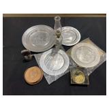 Assorted Collectibles and Memorabilia Group including Western Minnesota Steam Thresher Plates, Safety Award Coasters, Mini Oil Lamp, and Radiator Cap