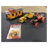 Assorted Model Vehicles Lot Featuring Caterpillar Scraper, Ertl Massey-Harris Tractor, Buffalo Steam Engine, and PIE Caboose