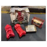 Assorted Collectible Model Kits and Replicas Including Ertl IHC Famous Engine, Matchbox Models of Yesteryear, Rio Grande Models Corliss Steam Engine, and Red Glass Decanter Bottles