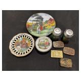 Assorted Agricultural Collectibles Including Plates, Belt Buckles, and Salt and Pepper Shakers